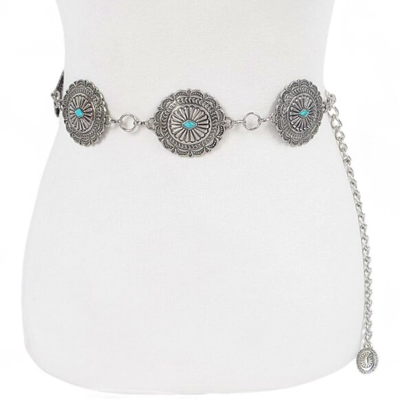 BNWT Turquoise Western Inspired Concho Cowgirl Chain Belt - Picture 1 of 5